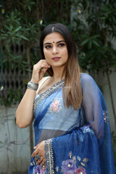 Floral Print Navy Blue Hand Made Organza Saree